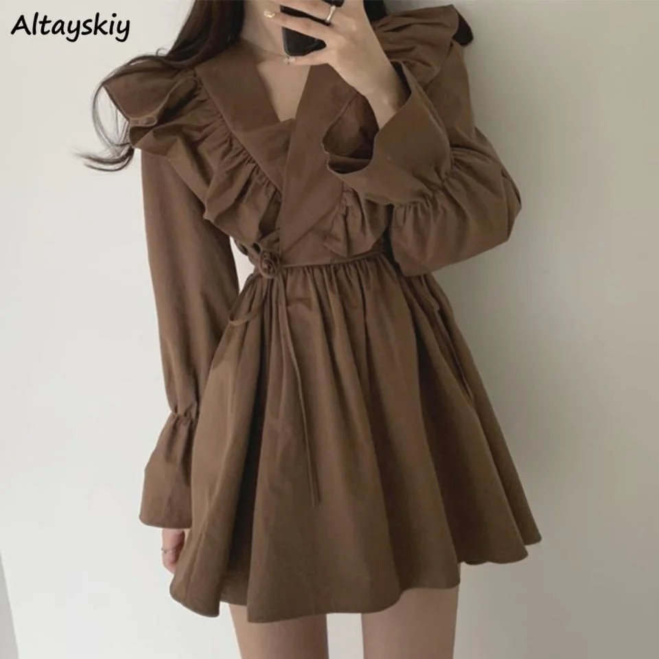 Women Ruffles Dresses Sweet V-neck Lantern Sleeve Lace-up Mini Womens Vestidos Vintage Slim Elegant Streetwear Versatile
Women Ruffles Dresses Sweet V-neck Lantern Sleeve Lace-up Mini Womens Vestidos Vintage Slim Elegant Streetwear Versatile