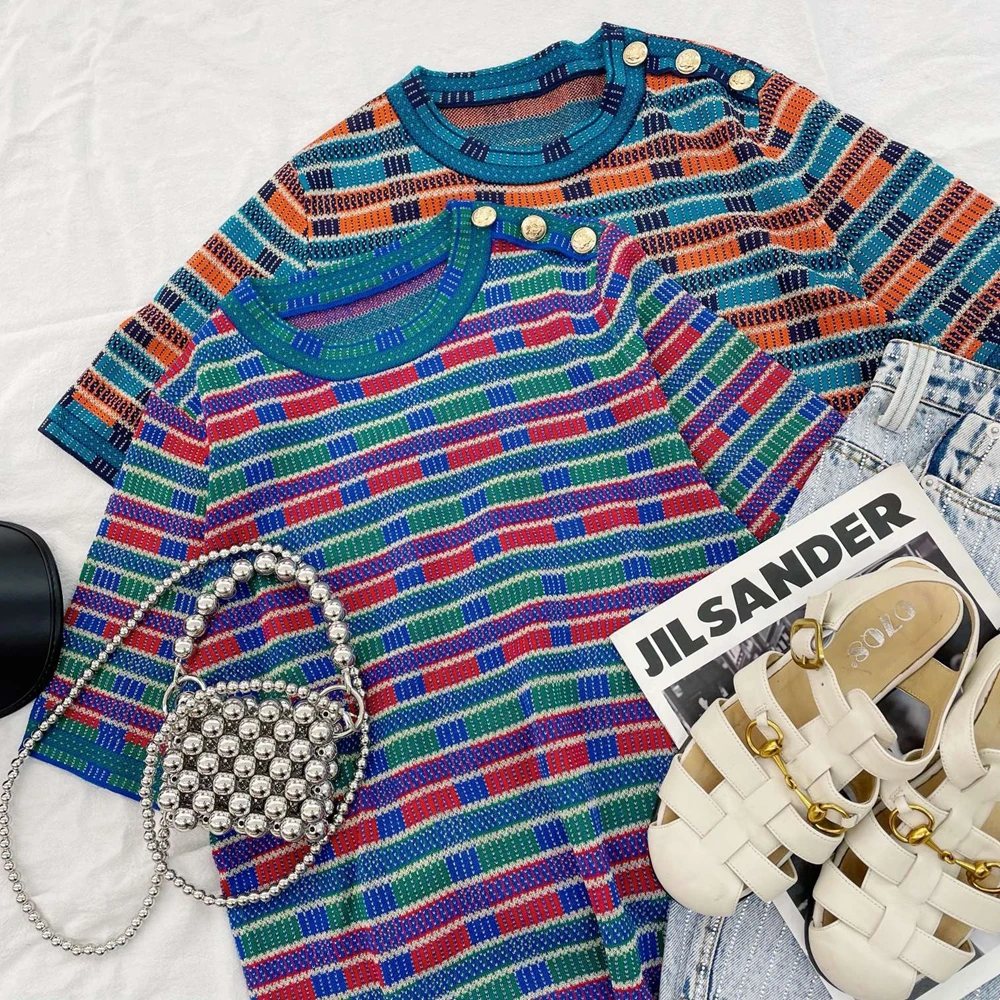 2022 Early Spring New Striped Short-Sleeved Sweater Women's Fashion All-Match Retro O-Neck Shoulder Button Knitted T-Shirt Top
2022 Early Spring New Striped Short-Sleeved Sweater Women's Fashion All-Match Retro O-Neck Shoulder Button Knitted T-Shirt Top