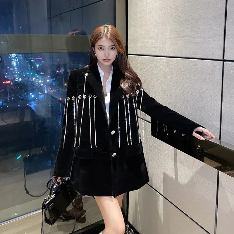 Patchwork Diamonds Tassel Female Blazer Notched Long Sleeve Korean Fashion Black Casual Loose Women's Jacket 2022 Spring Autumn
Patchwork Diamonds Tassel Female Blazer Notched Long Sleeve Korean Fashion Black Casual Loose Women's Jacket 2022 Spring Autumn