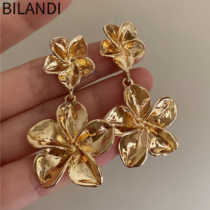 

Bilandi Trendy Jewelry 925 Silver Needle Metallic Gold Color Flower Earrings For Women Girl Party Wedding Gift Accessores