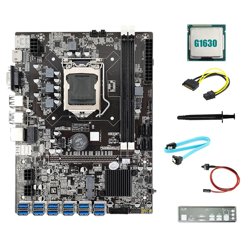 HOT-B75 12USB BTC Mining Motherboard+G1630 CPU+SATA 15Pin To 6Pin Cable+SATA Cable+Switch Cable+Baffle+Thermal Grease
HOT-B75 12USB BTC Mining Motherboard+G1630 CPU+SATA 15Pin To 6Pin Cable+SATA Cable+Switch Cable+Baffle+Thermal Grease
