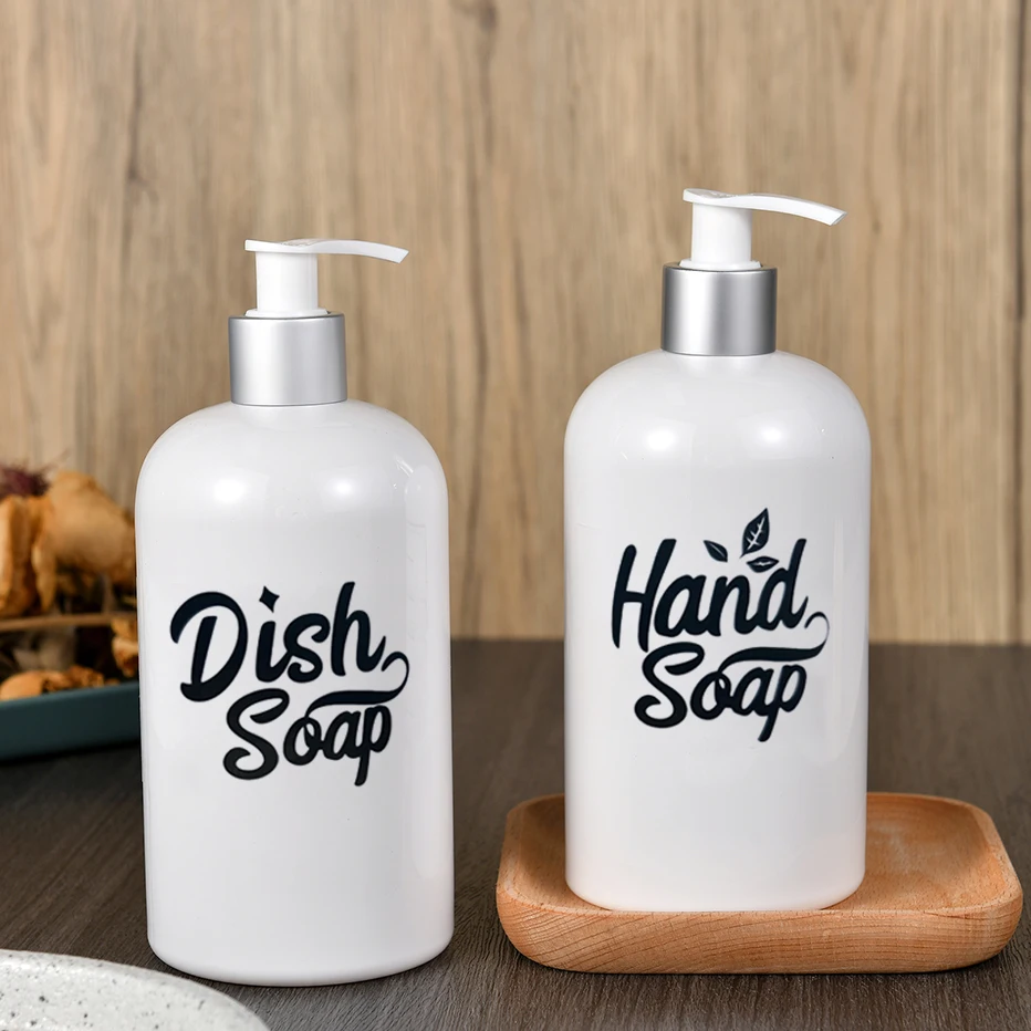 

Hands and Dishes Soap Dispenser with Wooden Tray Kitchen Countertop Decoration Glossy White Soap Bottles with Labels