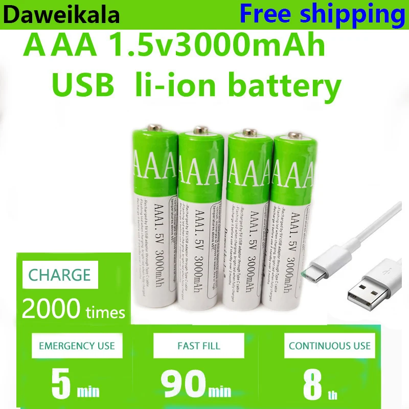 New USB AAA Rechargeable Batteries 1.5V 3000 mAh li-ion battery for remote control mouseElectric toy battery + Type-C Cable
New USB AAA Rechargeable Batteries 1.5V 3000 mAh li-ion battery for remote control mouseElectric toy battery + Type-C Cable