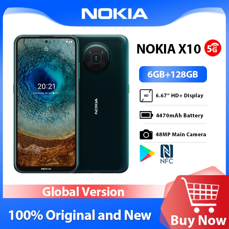 

Nokia X10 5G Smartphone 6GB 128GB 6.67 inch FHD+ Display 4470mAh Battery Snapdragon 480 IP52 48MP Quad Camera 2 SIM Card
