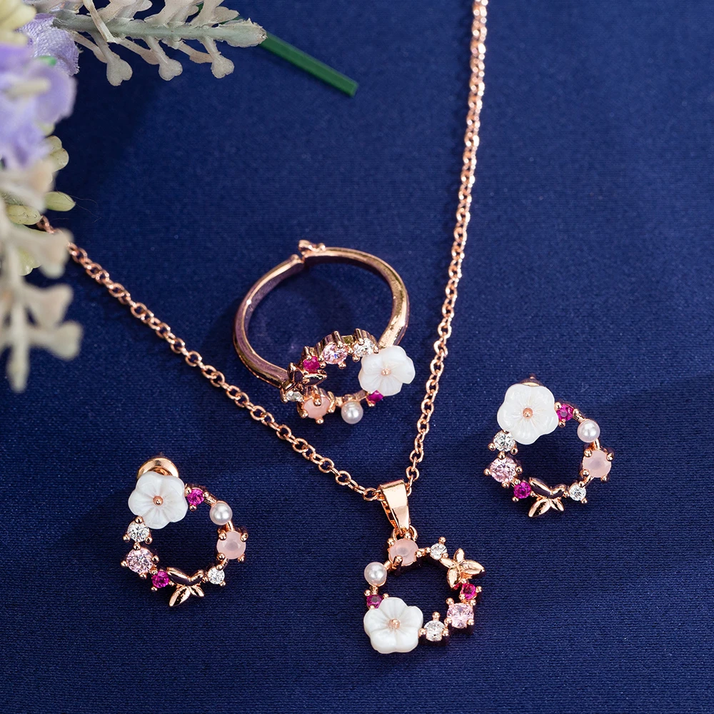 Fashion Rose Gold Crystal Pendant Necklace Earrings Rings Set Elegant Bridal Wedding Jewelry Sets For Women Flowers Bijoux Gift
Fashion Rose Gold Crystal Pendant Necklace Earrings Rings Set Elegant Bridal Wedding Jewelry Sets For Women Flowers Bijoux Gift