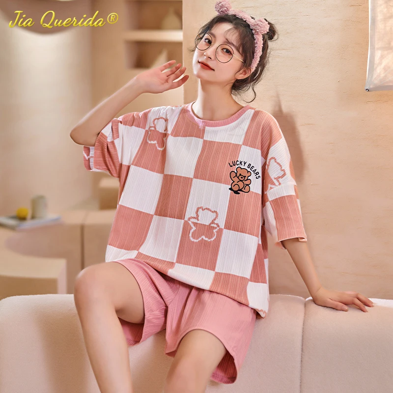 New Summer Fashion Women's Pajamas Knitted Cotton Plaid Topwear Kawaii Bear Printing Round Collar Sleepwear for Young Girls
New Summer Fashion Women's Pajamas Knitted Cotton Plaid Topwear Kawaii Bear Printing Round Collar Sleepwear for Young Girls