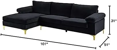 

Большая бархатная ткань секционный диван с очень широким шезлонг с золотыми ножками, L-образный, черный футон диван Декор для комнаты