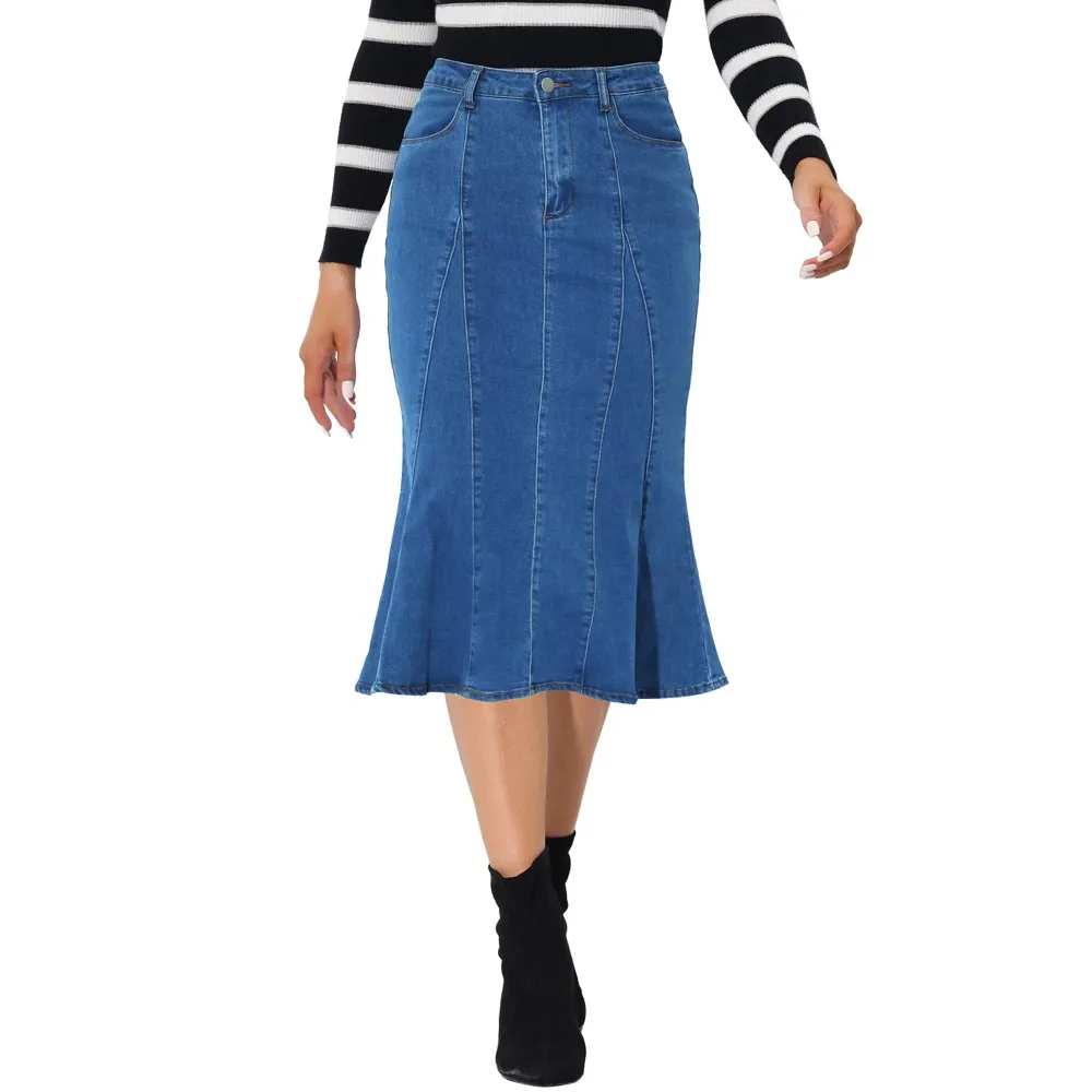

Женская джинсовая юбка с высокой талией, Облегающая Юбка-миди с оборками «рыбий хвост», женская одежда, бесплатная доставка, юбки для женщин