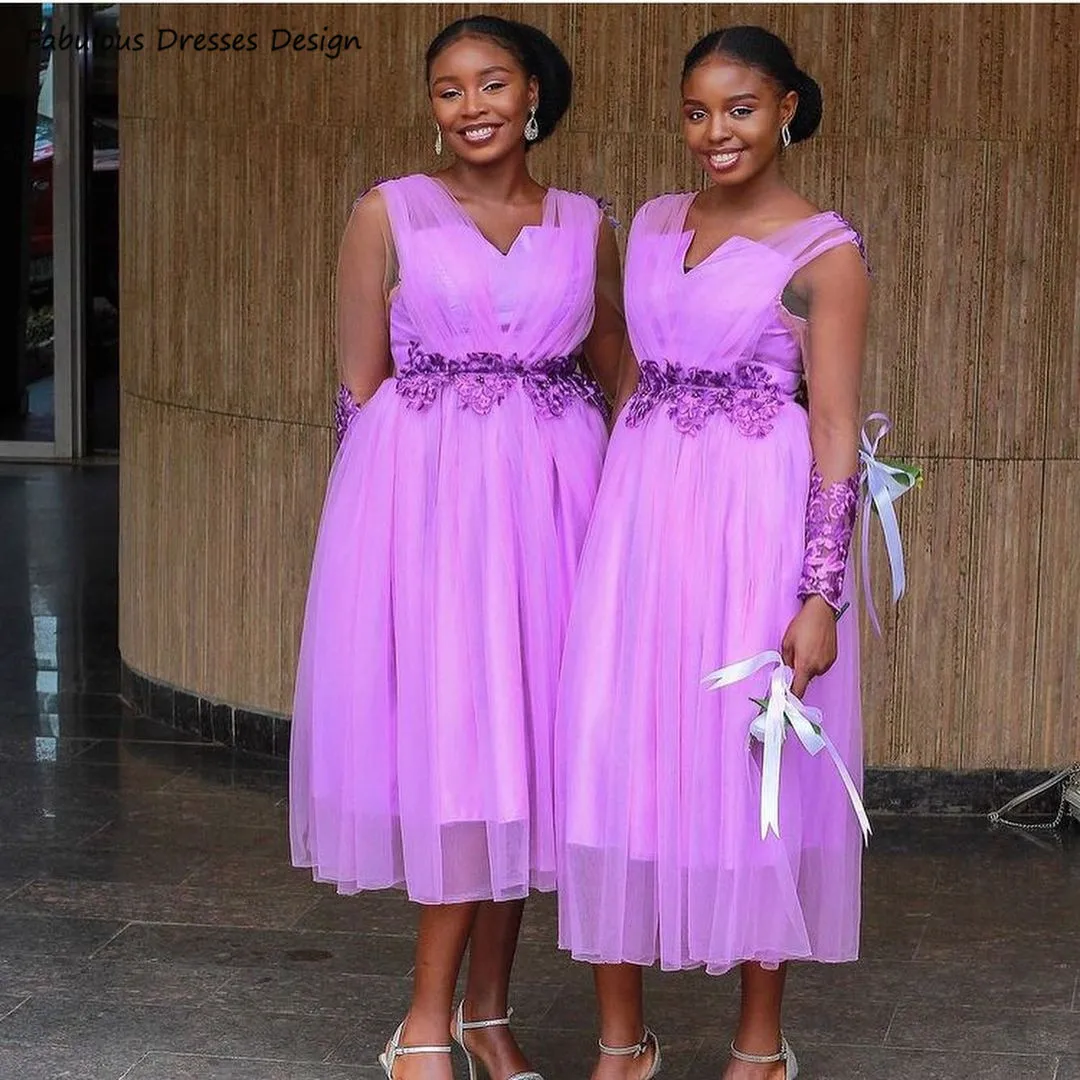 Платье подружки невесты ТРАПЕЦИЕВИДНОЕ из тюля, кружевное прозрачное вечернее платье фиолетового цвета до середины икры, с длинным рукавом и V-образным вырезом, для свадьбы 
Платье подружки невесты ТРАПЕЦИЕВИДНОЕ из тюля, кружевное прозрачное вечернее платье фиолетового цвета до середины икры, с длинным рукавом и V-образным вырезом, для свадьбы