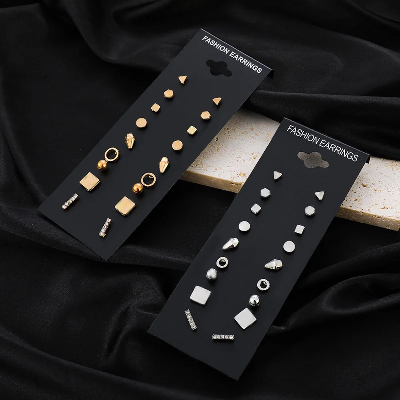 Hot Sales Fashion Simple Versatile Geometric Mixed 9 Pairs of Stud Earrings Popular Women's Jewelry Black Card Packaging
Hot Sales Fashion Simple Versatile Geometric Mixed 9 Pairs of Stud Earrings Popular Women's Jewelry Black Card Packaging