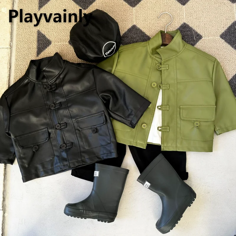 Chinese Style Spring Autumn Kids Boy Girl Coat Black Green Faux Leather Turn-down Collar Jacket Fashion Children Clothes E23014
Chinese Style Spring Autumn Kids Boy Girl Coat Black Green Faux Leather Turn-down Collar Jacket Fashion Children Clothes E23014