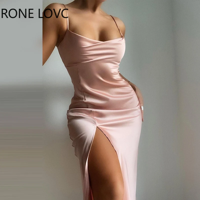 

Women Solid Spaghetti Strap Cowl Neck High Silt Maxi Sexy Party Pink Dresses