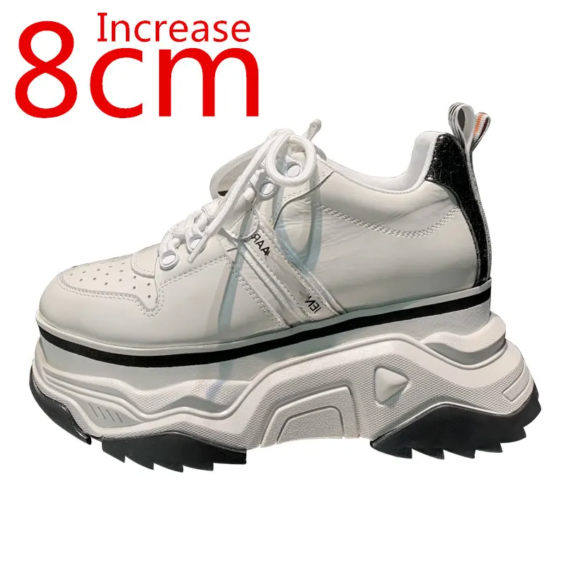 

European Elevated Design Casual Thick Sole Dad Shoes Women Genuine Leather Increase 8cm White Shoes Breathable Sports Tide Shoes
