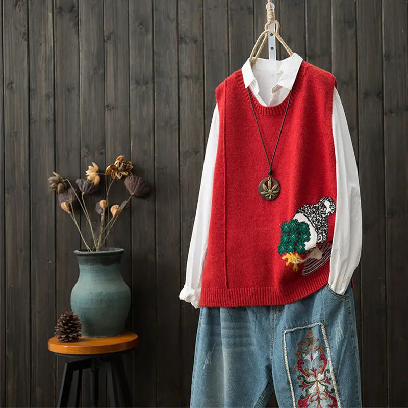 Chinese Ancient Red 2022 Fall V-neck Knit Sleeveless Sweater Easy Vest Loose Out Coat Lady Top Cloth for Girl Women Waistcoat
Chinese Ancient Red 2022 Fall V-neck Knit Sleeveless Sweater Easy Vest Loose Out Coat Lady Top Cloth for Girl Women Waistcoat
