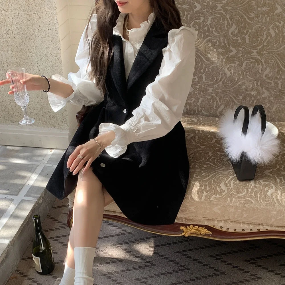 Lace Up Bubble Sleeve Sweet Shirt Duke Belted Waist Black Lapel Tweed Sundress Dress Spring New Model
Lace Up Bubble Sleeve Sweet Shirt Duke Belted Waist Black Lapel Tweed Sundress Dress Spring New Model