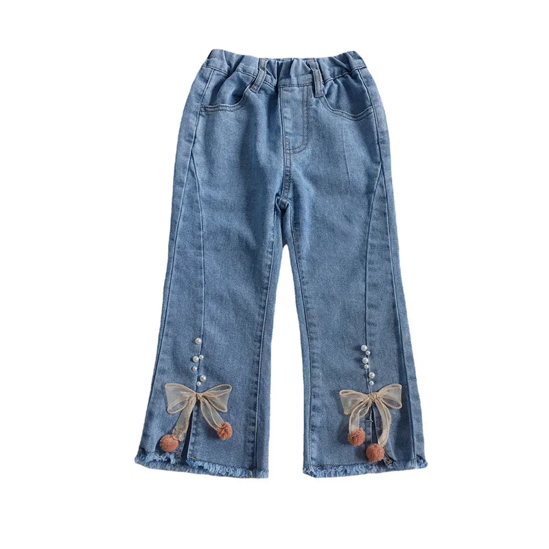 

Весенние джинсовые джинсы для девочек, детские расклешенные брюки с бантом, детские мягкие светло-голубые милые детские брюки в Корейском с...