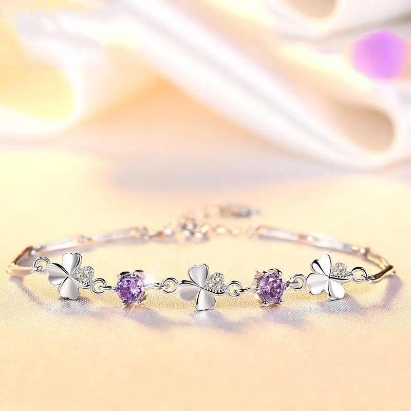

HOYON 925 Silver Color Amethyst Sapphire Bracelet For Women Four-leaf Clover Lucky Rotating White AAA Zircon jewelry Free Ship