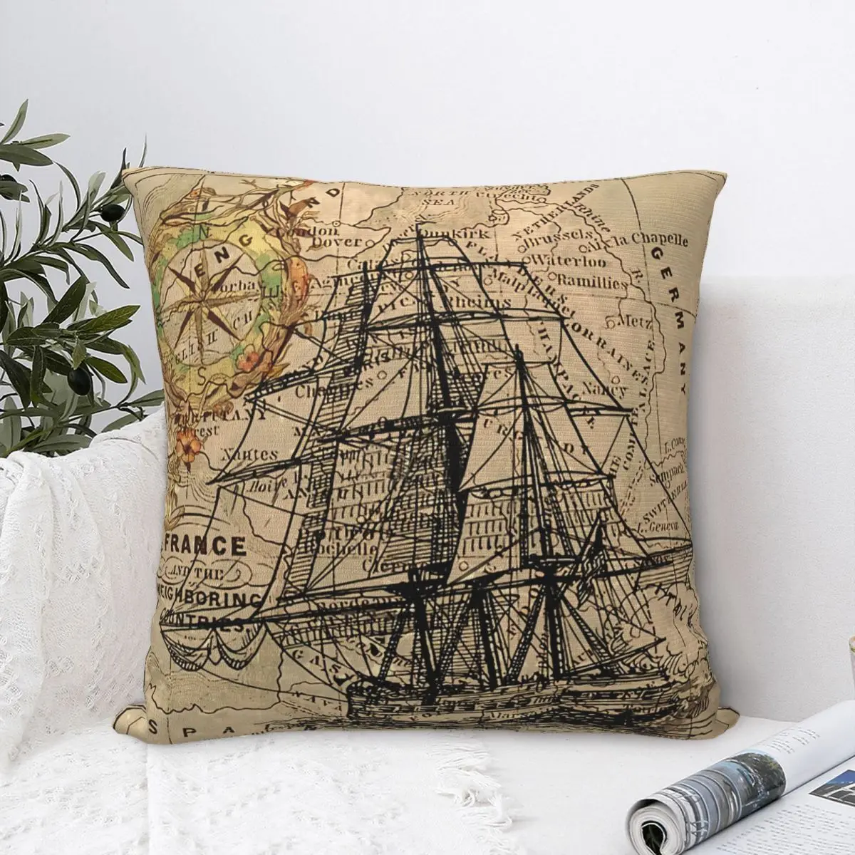 

Vintage Pirate Ship Sailor Antique World Map Pillowcase Backpack Cushion For Bedroom Printed Throw Pillow Case Decorative