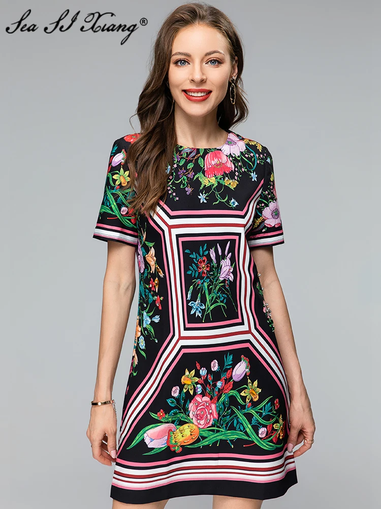 Seasixiang Fashion Designer Spring Summer Women Dress O-Neck Short Sleeves Crystal Diamonds Flower Print Vintage Party Dresses
Seasixiang Fashion Designer Spring Summer Women Dress O-Neck Short Sleeves Crystal Diamonds Flower Print Vintage Party Dresses