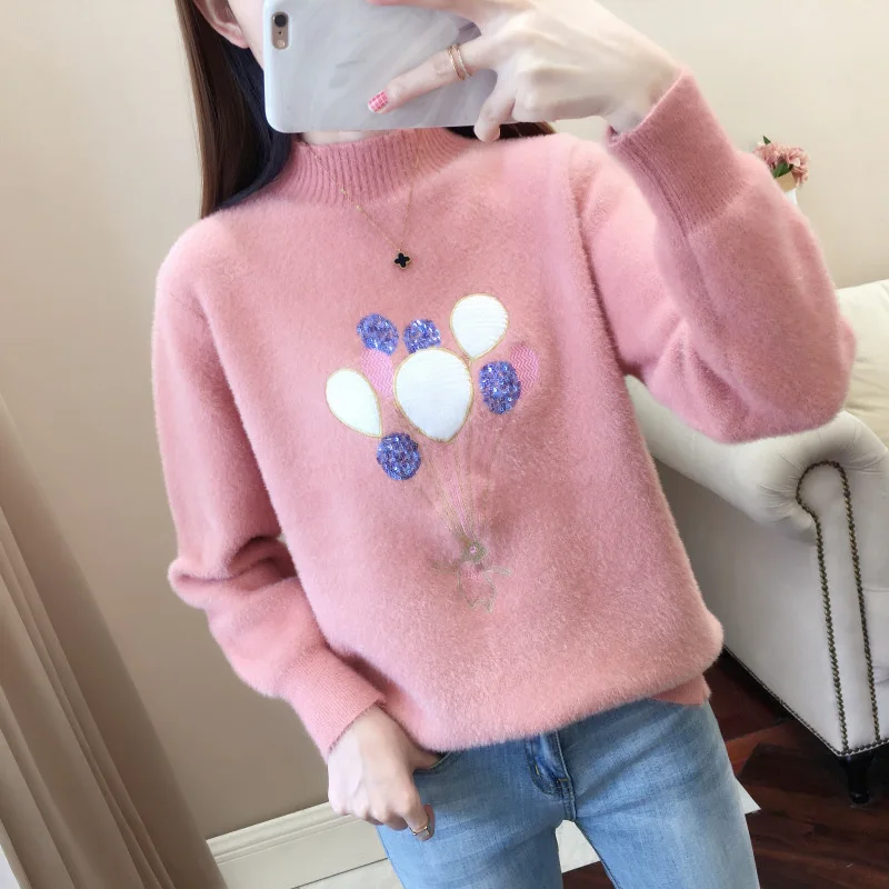 White Pink Blue Purple Embroidery Half High Collar Knitted Sweater Women Student Pullover Mink Cashmere Short Knit Tops Female
White Pink Blue Purple Embroidery Half High Collar Knitted Sweater Women Student Pullover Mink Cashmere Short Knit Tops Female