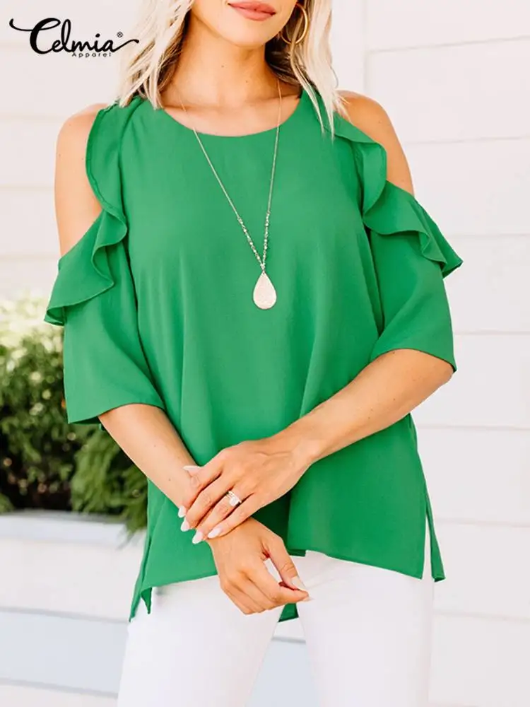 2022 Summer Women Tunics Celmia Off The Shoulder Blouses Elegant 3/4 Sleeve Ruffle Shirt Casual Loose Solid All-match Tops Femme
2022 Summer Women Tunics Celmia Off The Shoulder Blouses Elegant 3/4 Sleeve Ruffle Shirt Casual Loose Solid All-match Tops Femme