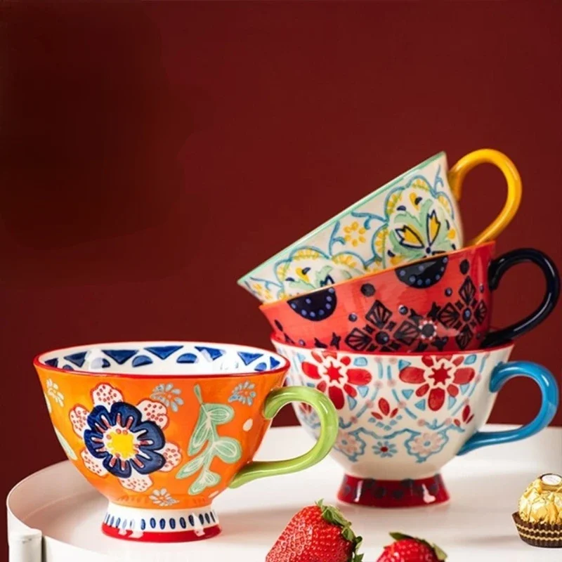 

Японская рельефная чашка для завтрака с ручной росписью, креативная Цветочная кружка, большая емкость, чашка для воды, бытовая чашка для молока, чашка для овсянки