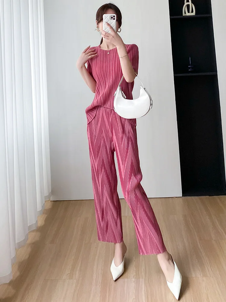 Простой, элегантный, удобный, Повседневный, элегантный комплект, женская летняя новая складка с круглым вырезом