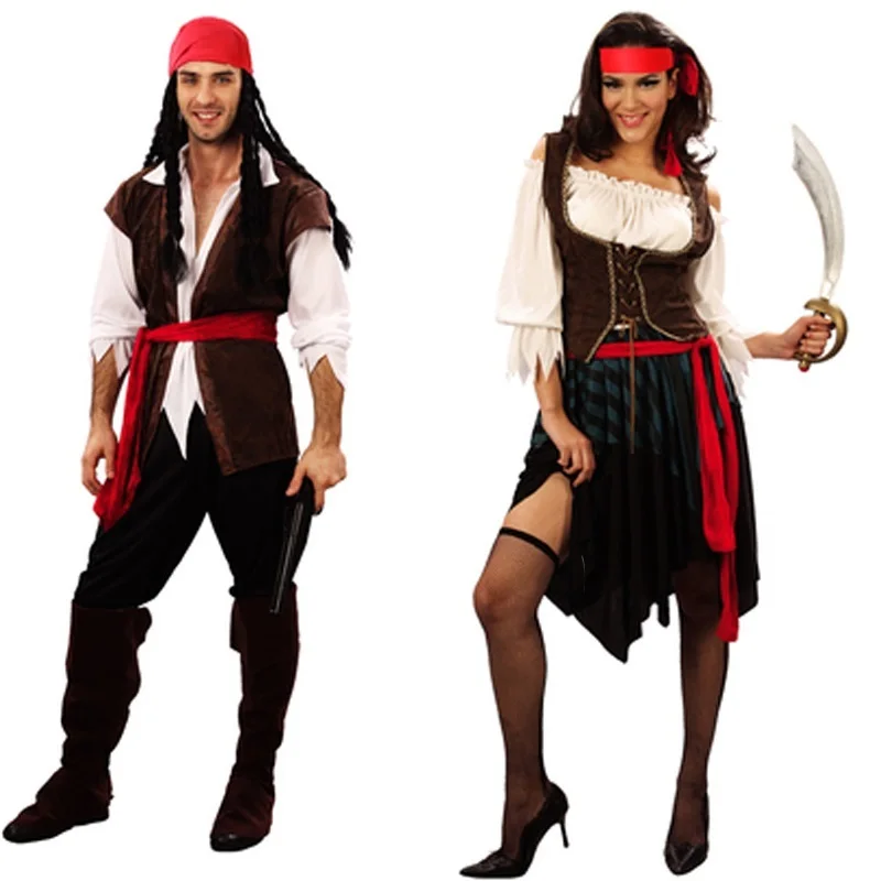 

Пиратские костюмы для женщин и мужчин, взрослые костюмы на Хэллоуин, мужской Капитан Джек, ранние Пираты Карибского моря, косплей, комплект одежды