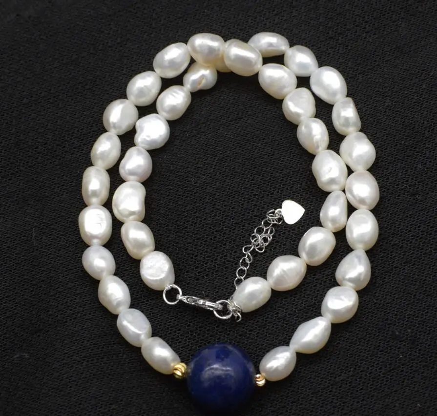 

Fashion jewelry freshwater pearl white baroque and lapis round 16mm necklace 17inch FPPJ wholesale beads nature