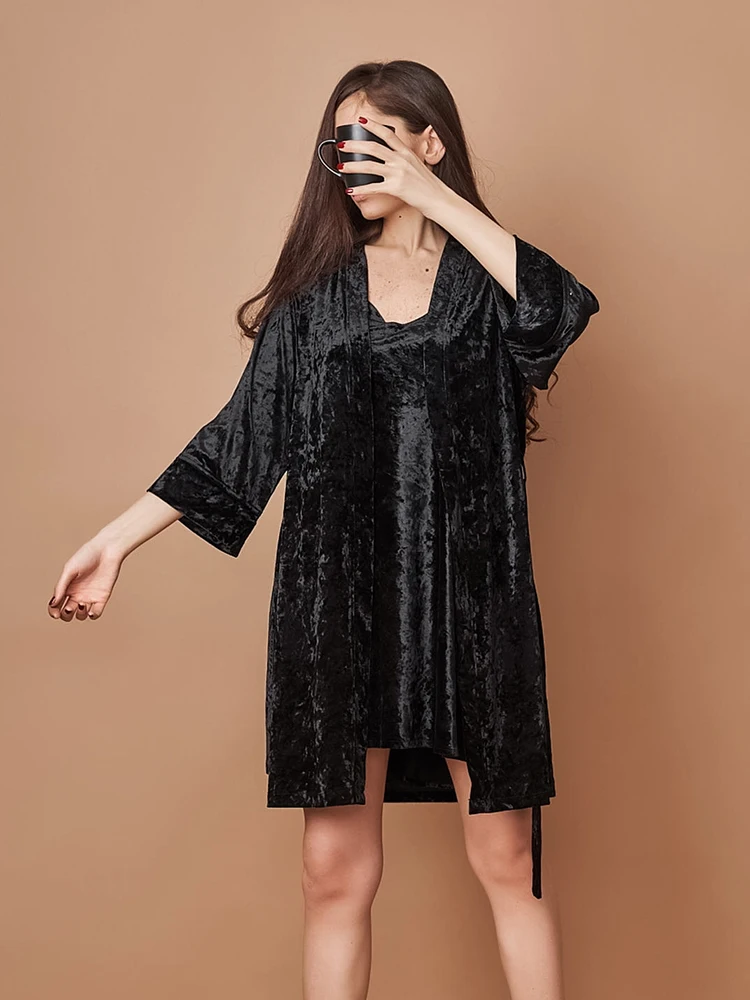 Hiloc Knit Velvet Robe Women's Nightwear Mini Dress Sets Spaghetti Strap Nightgown Three Quarter Sleeve Bathrobes Blue Sleepwear
Hiloc Knit Velvet Robe Women's Nightwear Mini Dress Sets Spaghetti Strap Nightgown Three Quarter Sleeve Bathrobes Blue Sleepwear