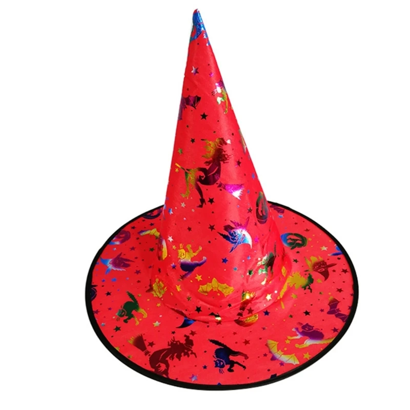 

28TF Witch Hat Cartoon Printed Wizard Hat Magican Hat Halloween Props New Year Thick Masquerade Hat Adults Kid Halloween
