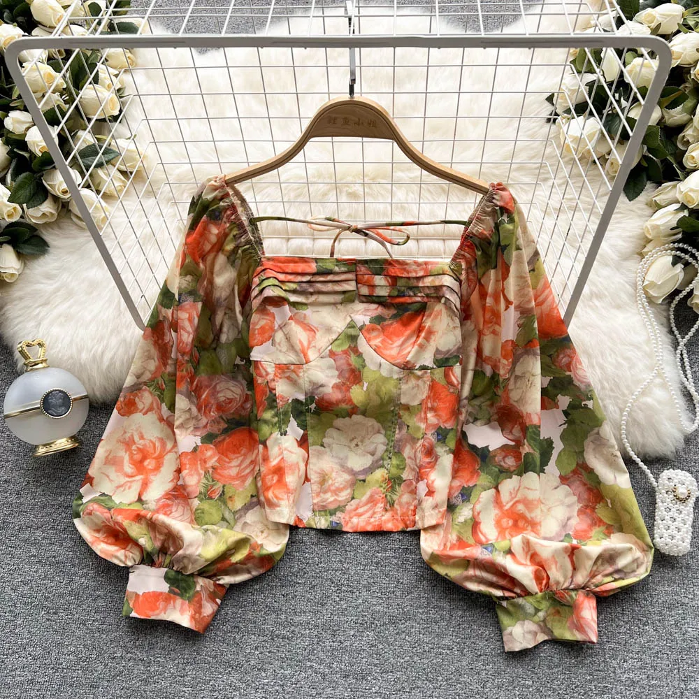 Women's Spring Summer Chiffon Floral Shirt Lady Streetwear Lantern Sleeve Square Neck Long Sleeve Short Blouse Top 
Women's Spring Summer Chiffon Floral Shirt Lady Streetwear Lantern Sleeve Square Neck Long Sleeve Short Blouse Top