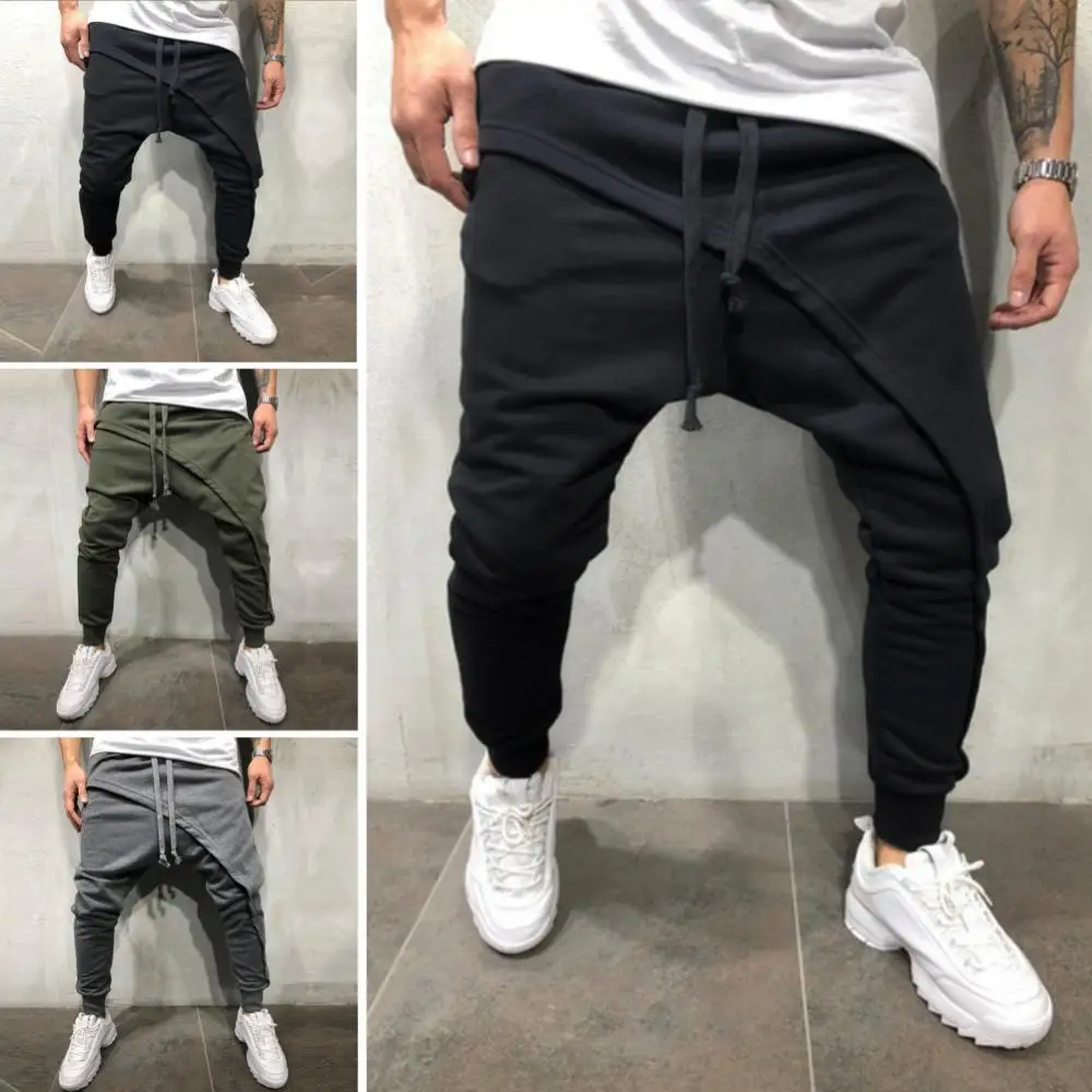 

Clothings Jogger Color Running Men's Solid Layer Fashion Pants 2021 Double Long Asymmetric Baggy Pants Men Drawstring Harem For