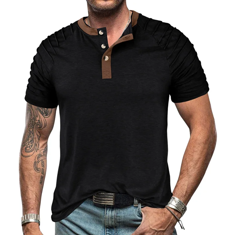 

JRJZ 2023 New Summer Short-sleeved Shirts For Men Cotton Polyester Solid Causal T-shirt Men's Clothing Colorblock Top Fashion