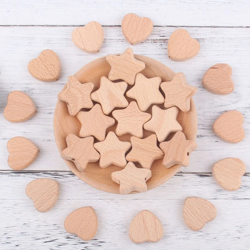 

Baby Wooden Beads Teether Cute Love Heart Stars Nursing Chewing Teething Toy Teeth Pain Relief Molar Soother Nipple Dummy Grasp