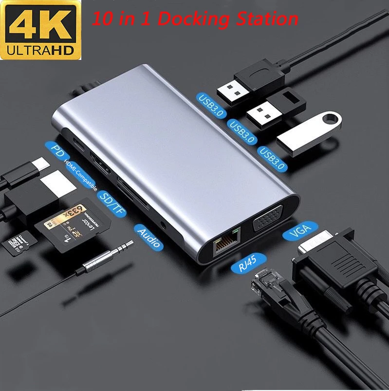 Type C to vga Port Adapter usb c vga Hub 10 in 1 Type C HDMI-compatible Adapter USB 3.0 4K RJ45 Gigabit Ethernet For 024
Type C to vga Port Adapter usb c vga Hub 10 in 1 Type C HDMI-compatible Adapter USB 3.0 4K RJ45 Gigabit Ethernet For 024