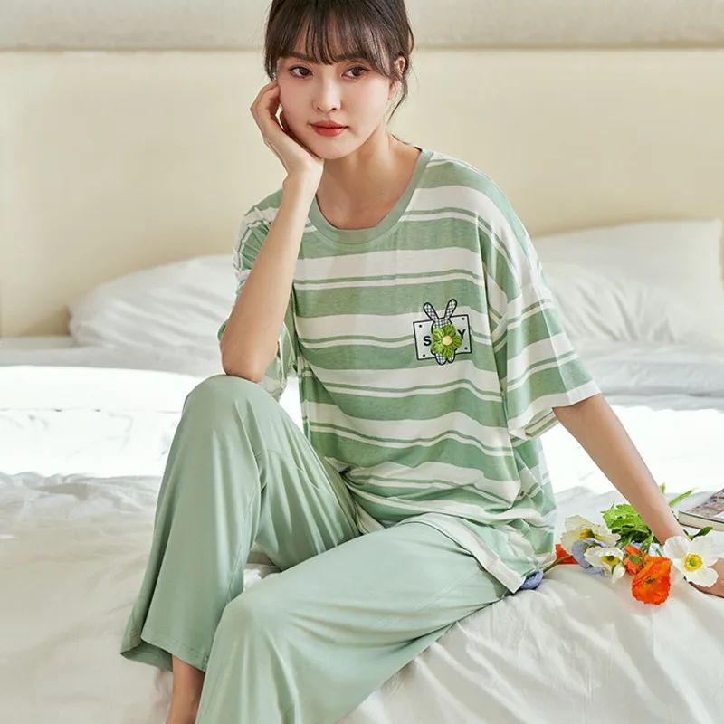 2pcs Modal Pajamas for Women Short Sleeve Strip Long Pants Summer Round-neck Lady Loungewear Comfy Homesuit Pyjama Set Sleepwear
2pcs Modal Pajamas for Women Short Sleeve Strip Long Pants Summer Round-neck Lady Loungewear Comfy Homesuit Pyjama Set Sleepwear
