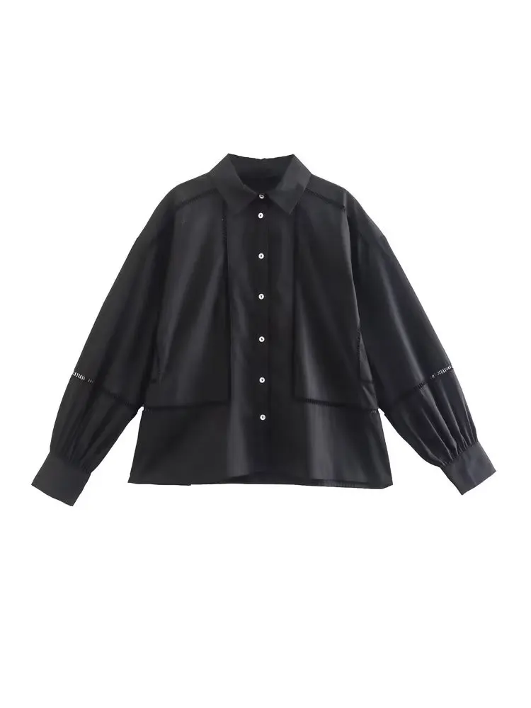 

TRAF Women 2022 Fashion Black Fitted Poplin Blouses Vintage Long Sleeve Lapel Button-up Female Shirts Blusas Streetwear