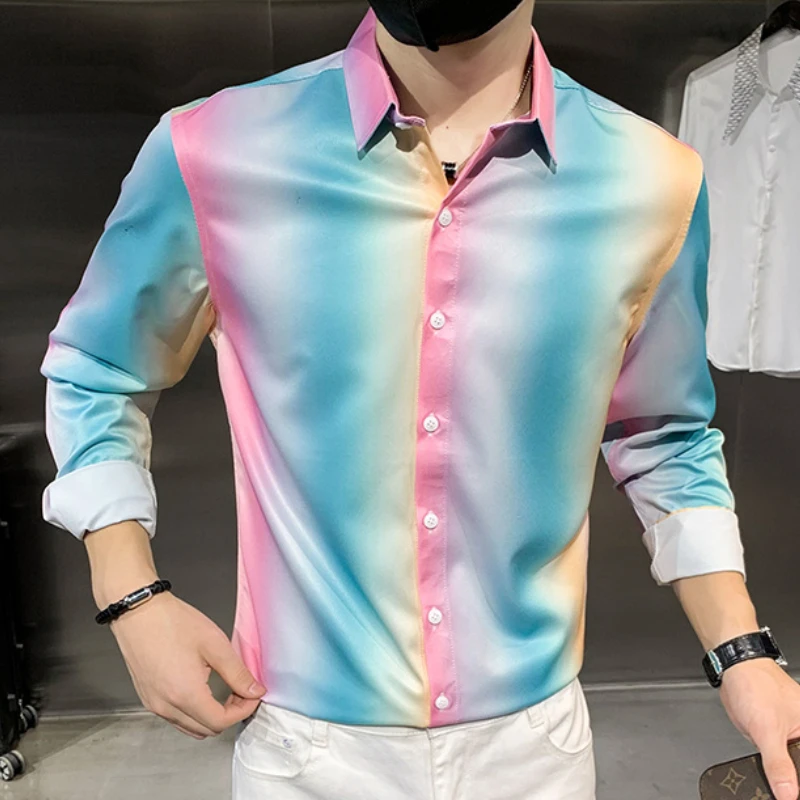 Рубашка мужская облегающая с радужным градиентом, Повседневная Уличная одежда для ночного клуба, бара 
Рубашка мужская облегающая с радужным градиентом, Повседневная Уличная одежда для ночного клуба, бара