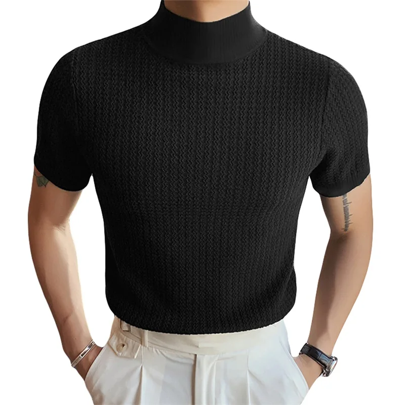 

Мужская водолазка в рубчик, трикотажный базовый топ, однотонный жаккардовый Повседневный облегающий пуловер с коротким рукавом, свитер