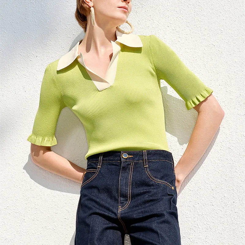 Color Patchwork Women Slim Knit Sweater Short Sleeve Turn-down Collar Ladies Casual Jumper 2022 new
Color Patchwork Women Slim Knit Sweater Short Sleeve Turn-down Collar Ladies Casual Jumper 2022 new