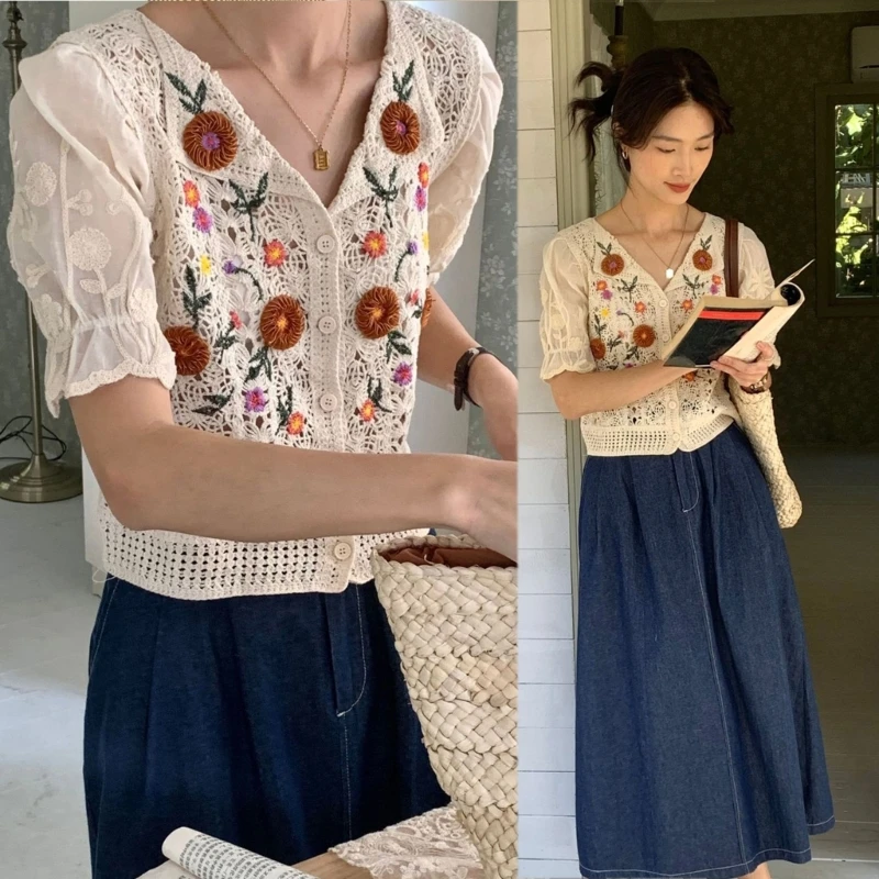 Summer Seaside Travel Top Hollow out Embroidery Flower Cardigan Short Sleeve Top Lapel Neck T Shirt Seaside 10CE
Summer Seaside Travel Top Hollow out Embroidery Flower Cardigan Short Sleeve Top Lapel Neck T Shirt Seaside 10CE