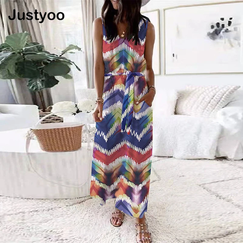 Ladies Colorful Tie-Dye Stripe Print Dress Summer Sleeveless Party Dress Women O Neck Elegant Fashion Drawstring Long Dress 2022
Ladies Colorful Tie-Dye Stripe Print Dress Summer Sleeveless Party Dress Women O Neck Elegant Fashion Drawstring Long Dress 2022