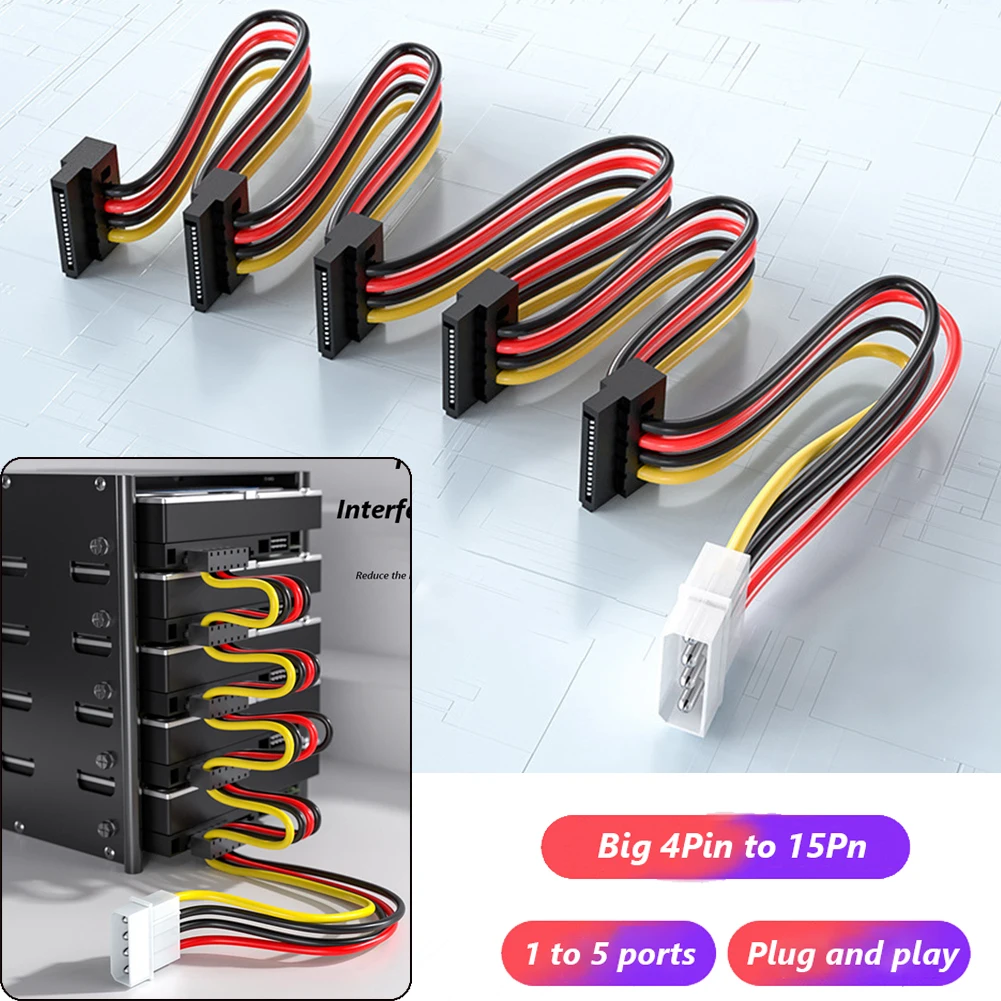 Разветвитель для жесткого диска SATA 3,5/2,5 дюйма, 1-5 SATA, кабель питания, шнур, 4-контактный до 15-контактный SATA адаптер питания для майнинга BTC 
Разветвитель для жесткого диска SATA 3,5/2,5 дюйма, 1-5 SATA, кабель питания, шнур, 4-контактный до 15-контактный SATA адаптер питания для майнинга BTC