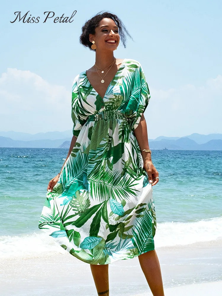 MISS PETAL Green Tropical Print Midi Dress For Woman Sexy V-Neck Short Sleeve Beach Dress 2022 Summer Casual Sundress Vestidos
MISS PETAL Green Tropical Print Midi Dress For Woman Sexy V-Neck Short Sleeve Beach Dress 2022 Summer Casual Sundress Vestidos