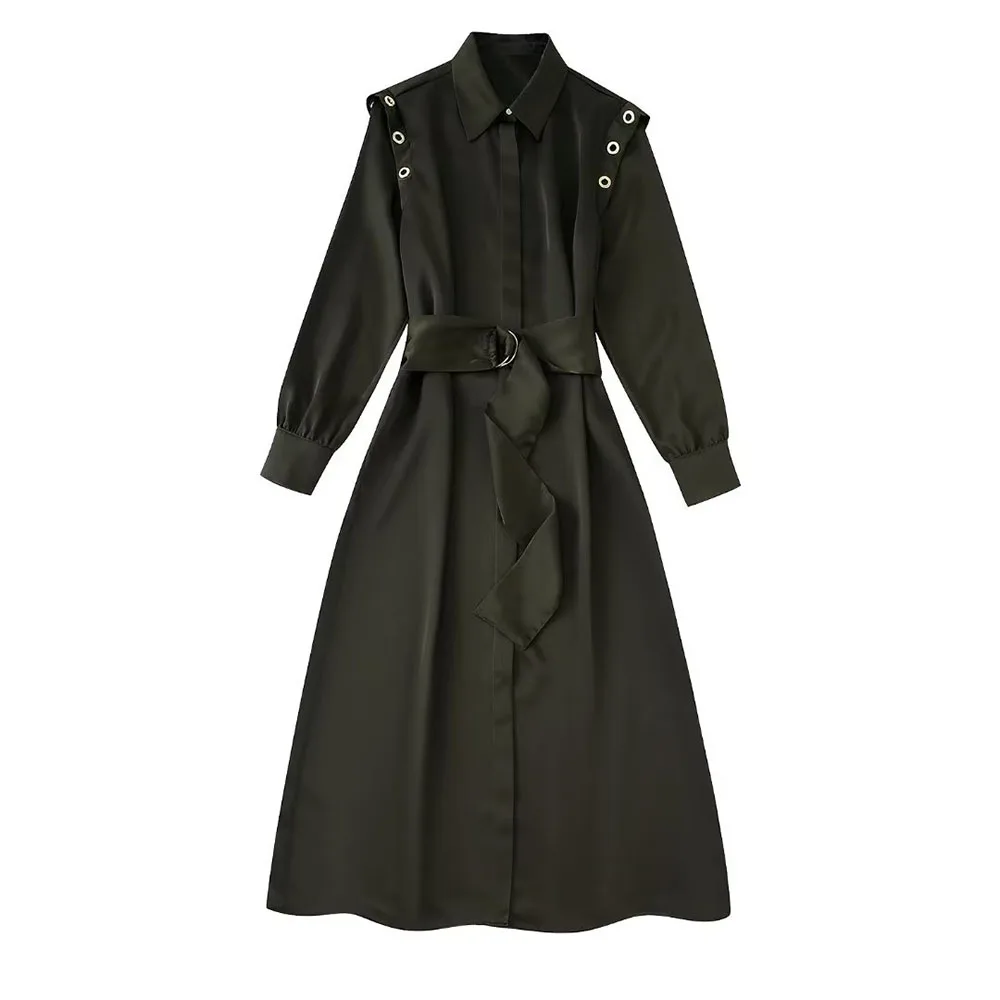 Fall new fashion women's casual temperament solid color lapel long sleeve shoulder metal ring shirt midi dress
Fall new fashion women's casual temperament solid color lapel long sleeve shoulder metal ring shirt midi dress