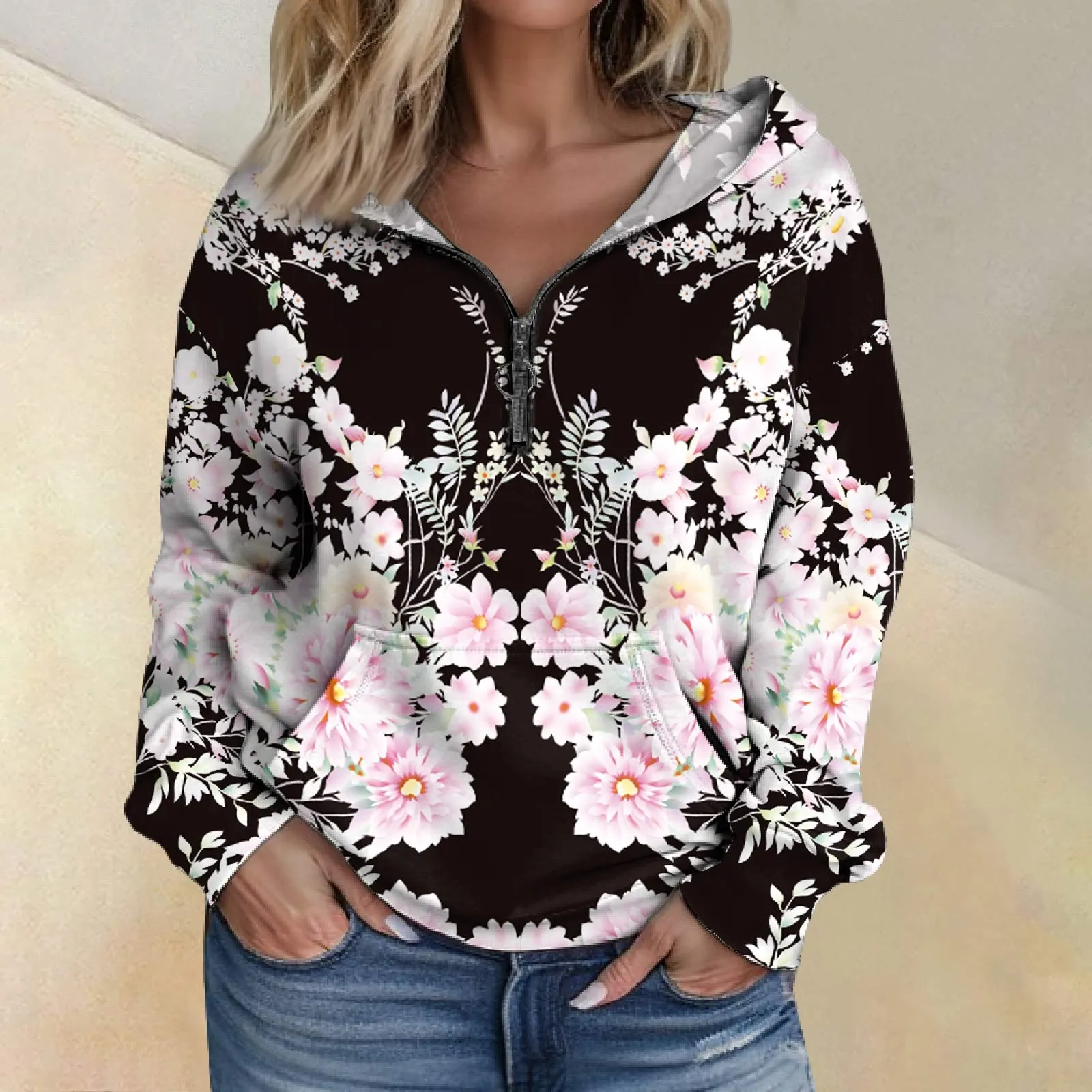 Женская толстовка с капюшоном и цветочным принтом, на молнии
Женская толстовка с капюшоном и цветочным принтом, на молнии