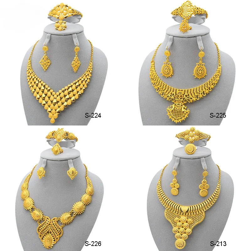 24K Gilded Bridal Necklace Earrings Ring Bracelet Set of Four Arabian Nigerian Women's Jewelry Set
24K Gilded Bridal Necklace Earrings Ring Bracelet Set of Four Arabian Nigerian Women's Jewelry Set