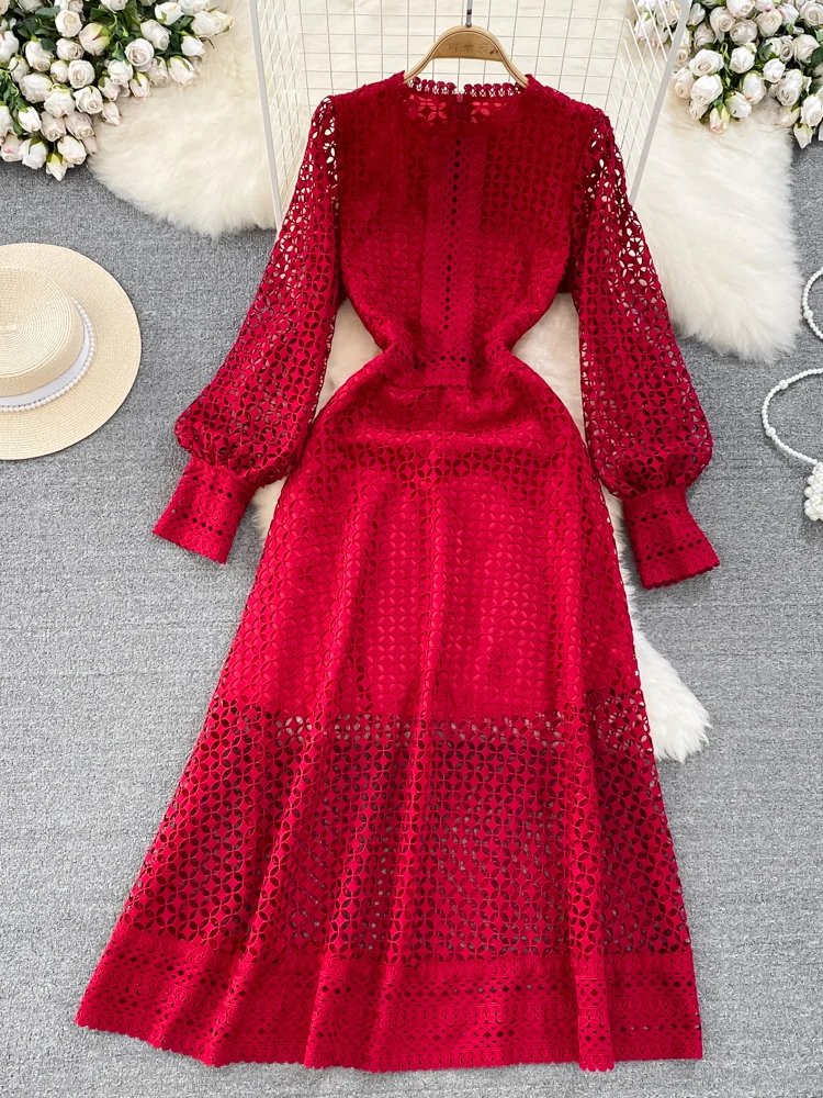 

Женское винтажное Кружевное платье макси, длинное платье-трапеция с цветочным принтом, крючком, круглым вырезом, рукавами-фонариками и высокой талией, весна-осень