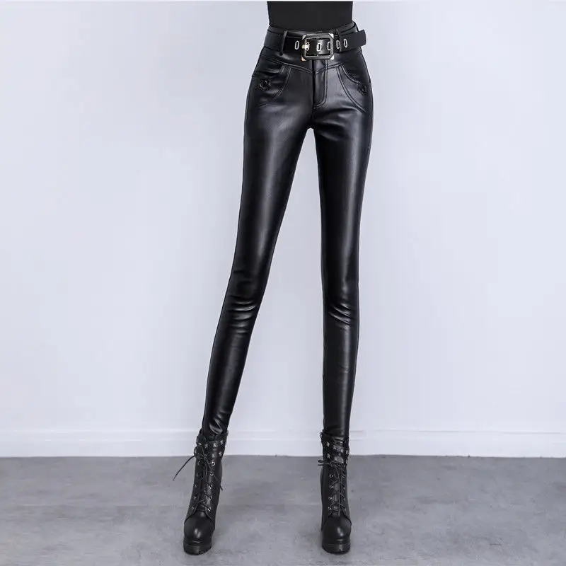 Новинка 2023, эластичные леггинсы, облегающие теплые зимние леггинсы без трещин, флисовые брюки, женские модные штаны из искусственной кожи T606